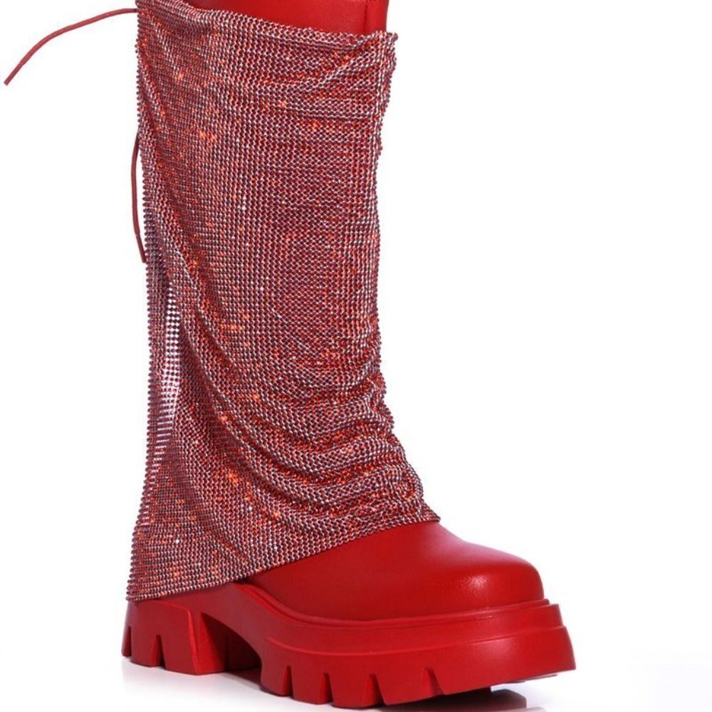 AZALEA WANG " BLOSSOM  FULL  EMBELLISHED " BOOT IN RED ( BRAND NEW !!!) - Picture 3 of 6